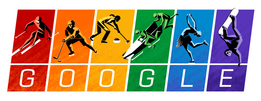 Google-Doodle zum Start der olympischen Winterspiele in Sotschi in den Farben der Regenbogenflagge.